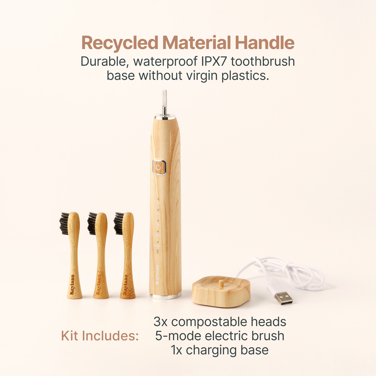 Waterproof IPX7 bamboo electric toothbrush kit with 3 compostable replacement heads and charging base