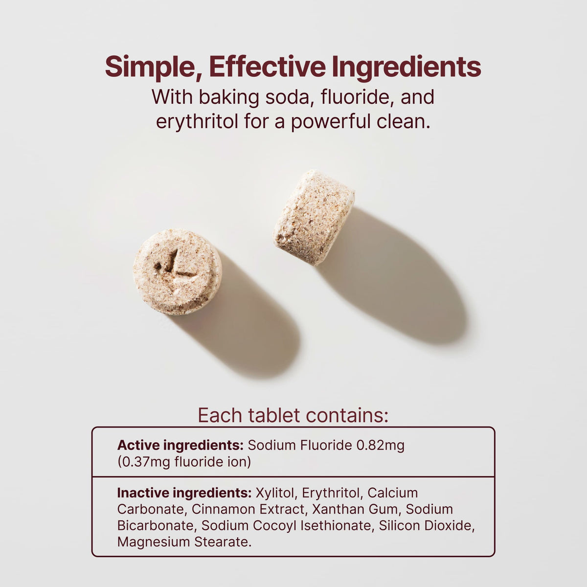 Product ingredient graphic for the best toothpaste tablets by Kaylaan. Features two close-up views of the textured tablets under the heading "Simple, Effective Ingredients." A product label box lists active ingredients as Sodium Fluoride 0.82mg, and inactive ingredients including Xylitol, Erythritol, Calcium Carbonate, and Cinnamon Extract.