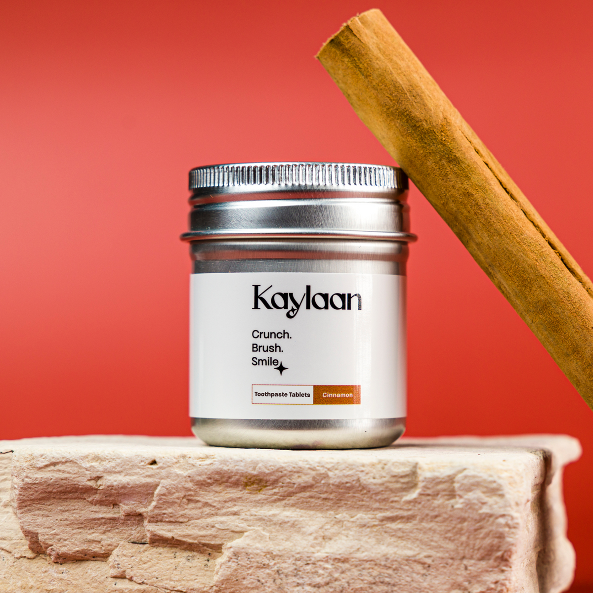 Kaylaan warm spicy cinnamon toothpaste tablets fluoride free in plastic free zero waste metal tin