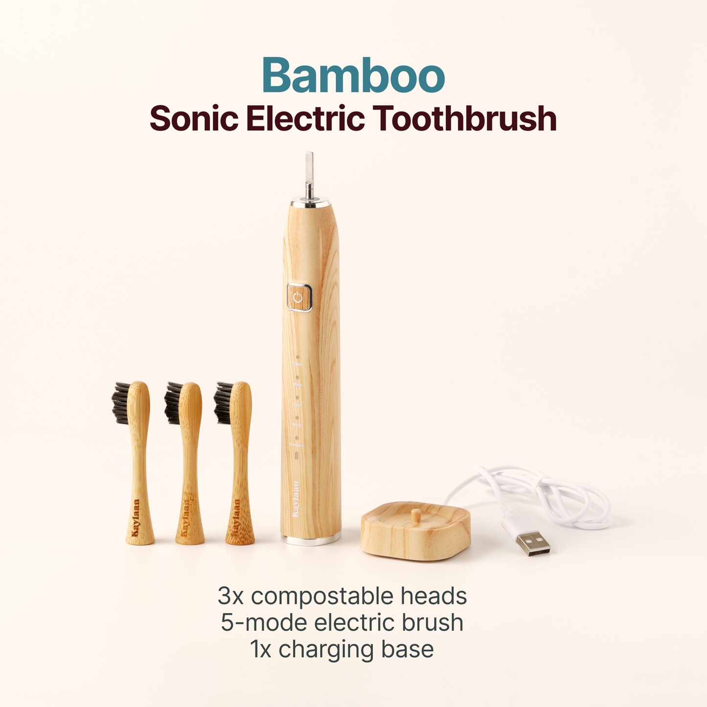 Kaylaan Bamboo Sonic Electric Toothbrush with 3 compostable brush heads and USB charging base.