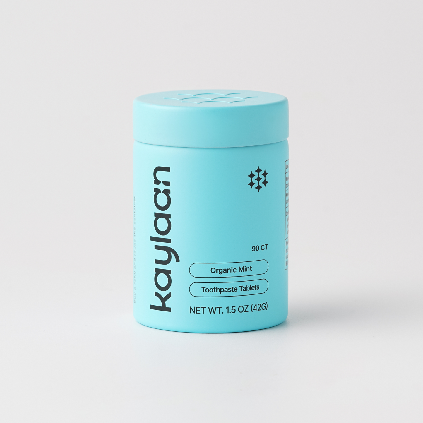 Kaylaan organic mint toothpaste tablets fluoride free in plastic free zero waste teal tin
