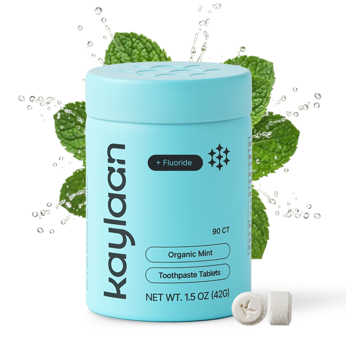Kaylaan organic mint toothpaste tablets with fluoride in plastic free zero waste teal tin
