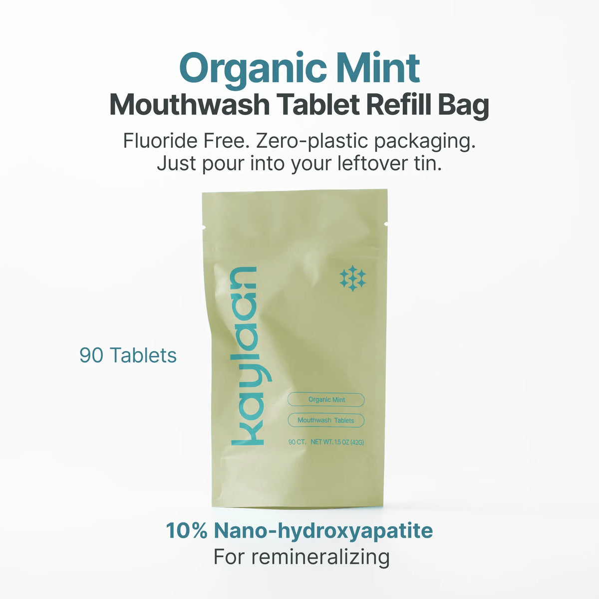 Kaylaan Organic Mint Mouthwash Tablet Refill Bag graphic highlighting 10% Nano-hydroxyapatite for remineralizing, 90 tablets, and fluoride-free formula.