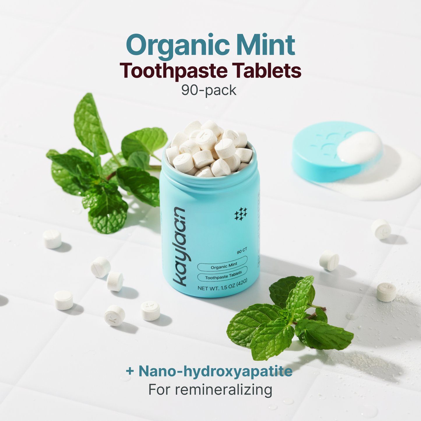 Kaylaan Organic Mint Toothpaste Tablets with Nano-Hydroxyapatite for remineralizing, 90-pack in teal reusable container
