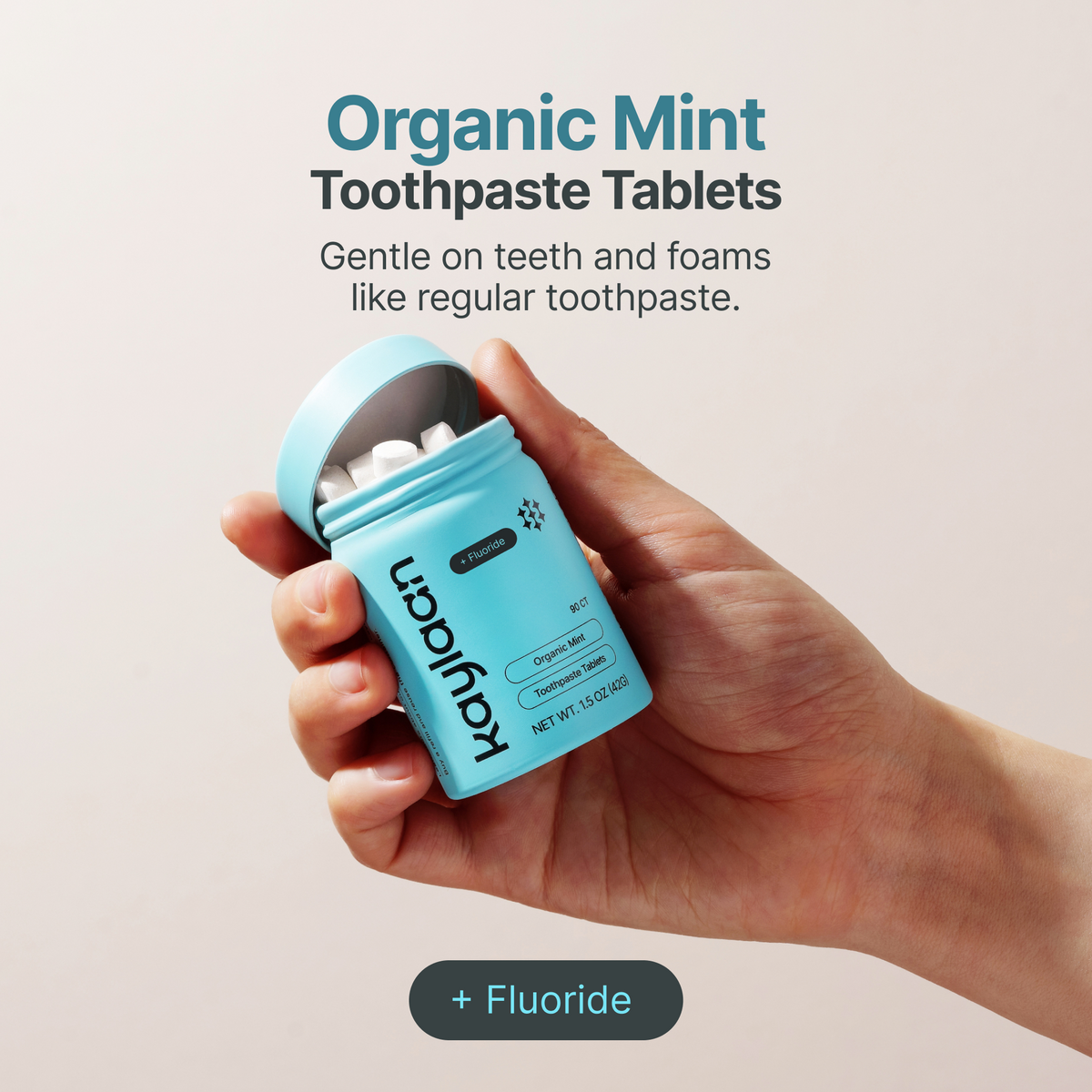 Kaylaan organic mint fluoride toothpaste tablets 90 pack graphic description