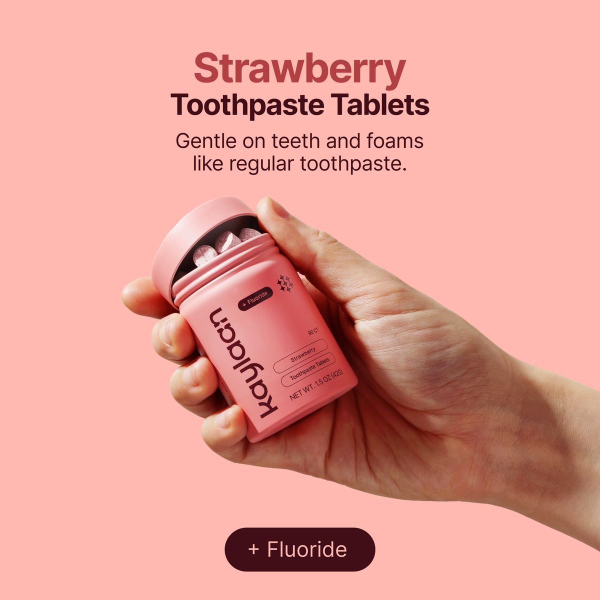 Kaylaan natural strawberry fluoride toothpaste tablets 90 count tin description