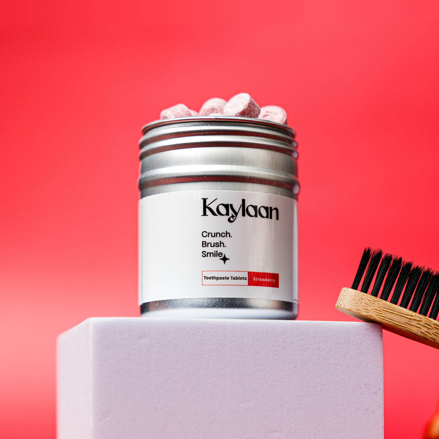 Kaylaan natural strawberry toothpaste tablets fluoride free in plastic free zero waste metal tin