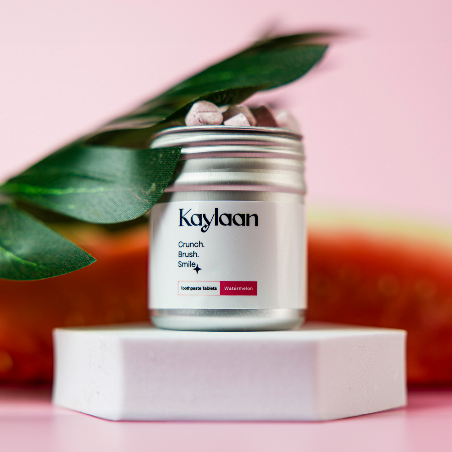 Kaylaan natural watermelon toothpaste tablets fluoride free in plastic free zero waste metal tin
